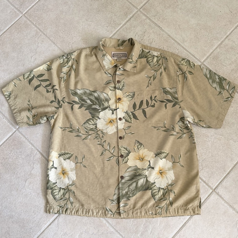 Jamaica Jaxx Men's Button Up Shirt XL 100% Silk Beige Floral Hawaiian Tropical